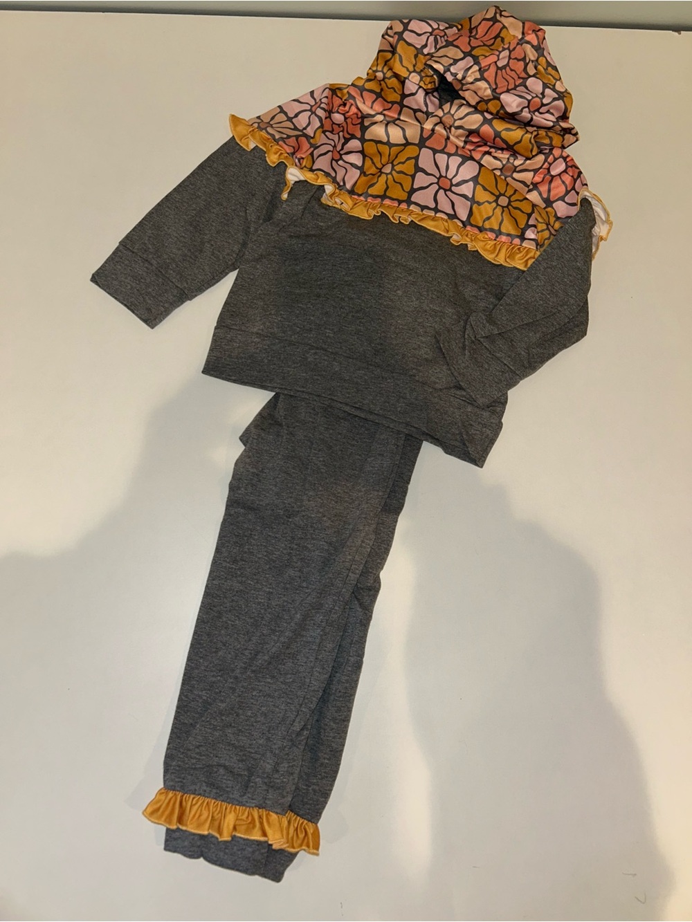 Kids Gray Two-Piece Pajama Set with Pink & Mustard Floral Hood